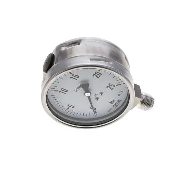 Manomètre WIKA 0 à 25 bar/psi Raccord vertical 1/2" NPT 100mm tout inox