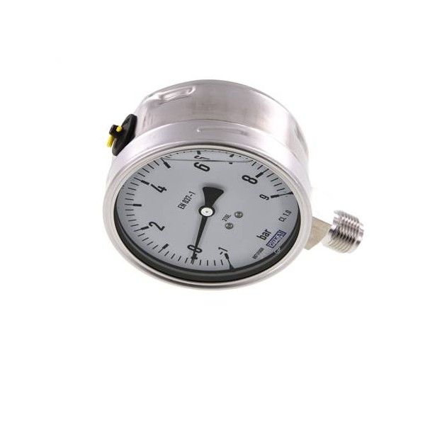Manomètre WIKA -1 à 9 bar Raccord vertical G1/2" 100mm tout inox +Glycérine