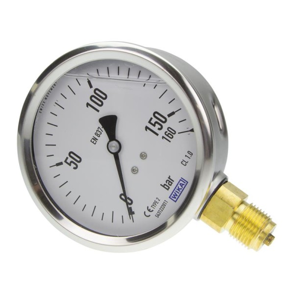 Manomètre WIKA 0 à 160 bar Raccord vertical G1/2" 100mm inox/laiton + Glycérine
