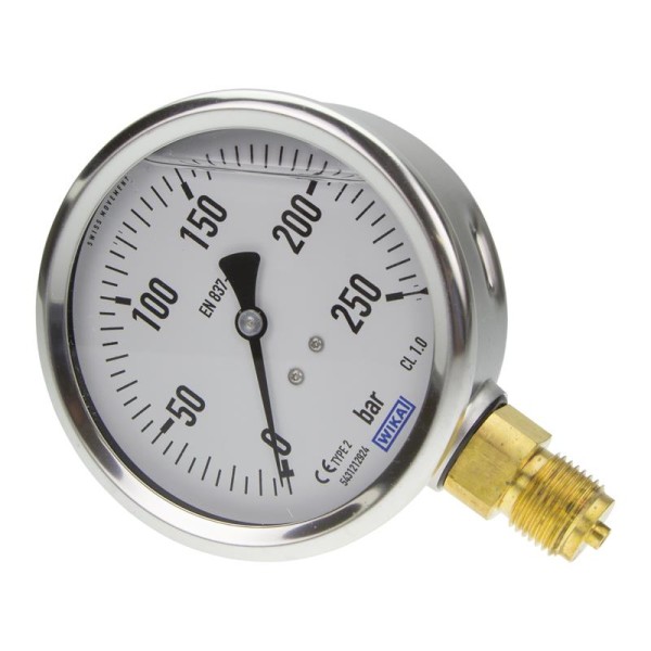 Manomètre WIKA 0 à 250 bar Raccord vertical G1/2" 100mm inox/laiton + Glycérine