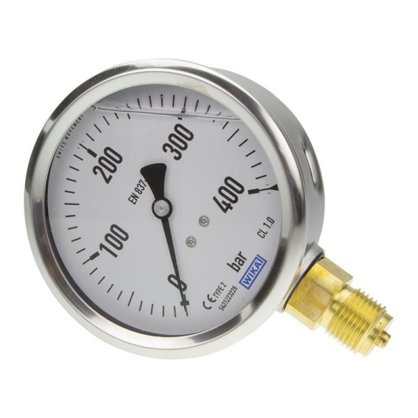 Manomètre WIKA 0 à 400 bar Raccord vertical G1/2" 100mm inox/laiton + Glycérine
