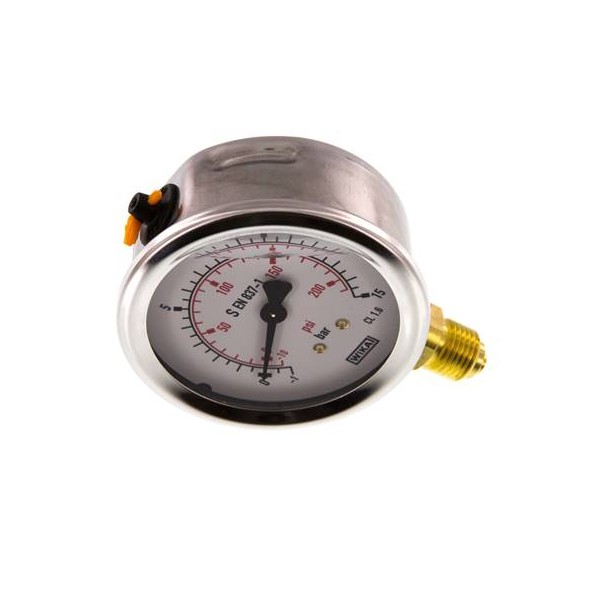 Manomètre WIKA -1 à 15 bar/psi Raccord vertical G1/4" 063mm inox/laiton + Glycérine