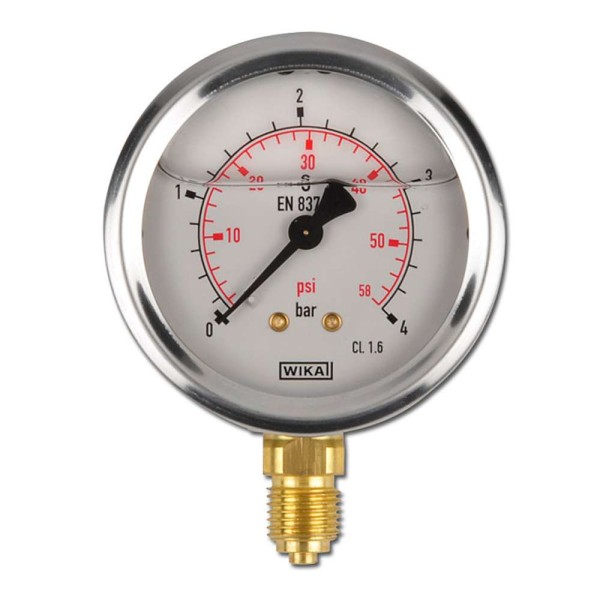 Manomètre WIKA 0 à 4 bar/psi Raccord vertical G1/4" 063mm inox/laiton + Glycérine