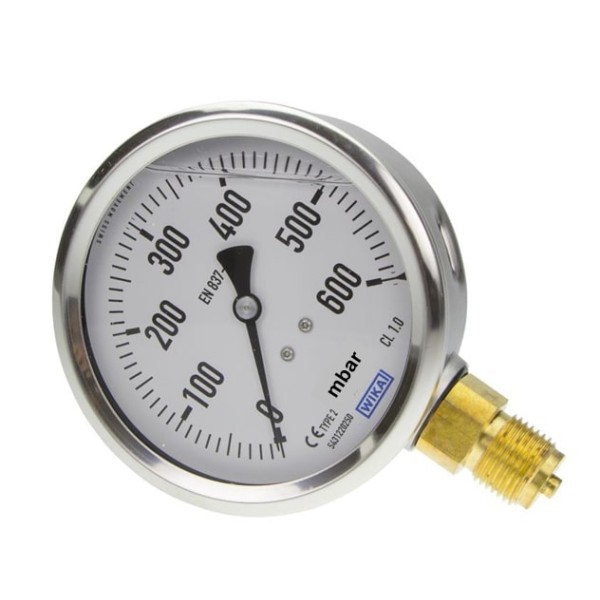Manomètre WIKA 0 à 600 mbar Raccord vertical G1/4" 063mm inox/laiton + Glycérine
