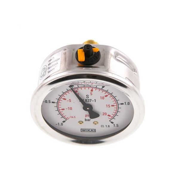 Manomètre WIKA -1 à 1.5 bar/psi Raccord arrière G1/4" 063mm inox/laiton + Glycérine