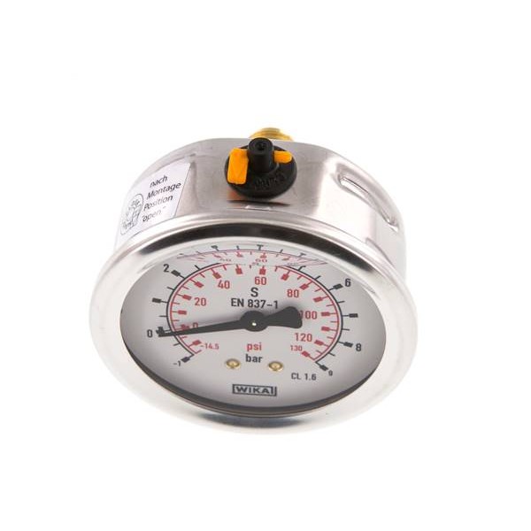 Manomètre WIKA -1 à 9 bar/psi Raccord arrière G1/4" 063mm inox/laiton + Glycérine