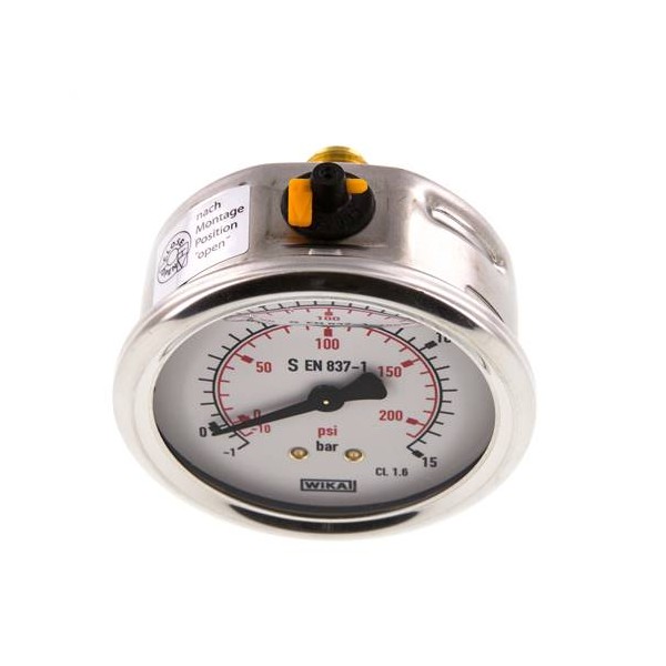 Manomètre WIKA -1 à 15 bar/psi Raccord arrière G1/4" 063mm inox/laiton + Glycérine