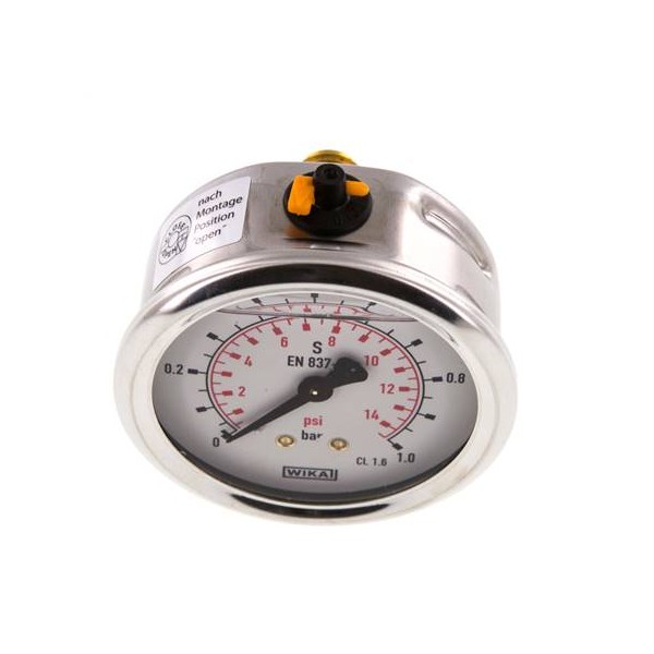Manomètre WIKA 0 à 1 bar/psi Raccord arrière G1/4" 063mm inox/laiton + Glycérine