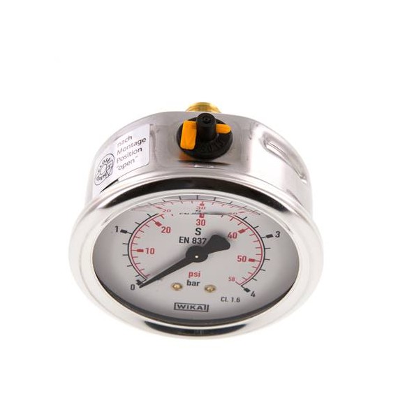 Manomètre WIKA 0 à 4 bar/psi Raccord arrière G1/4" 063mm inox/laiton+ Glycérine