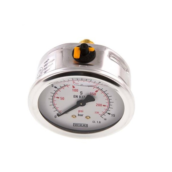 Manomètre WIKA 0 à 16 bar/psi Raccord arrière G1/4" 063mm inox/laiton + Glycérine