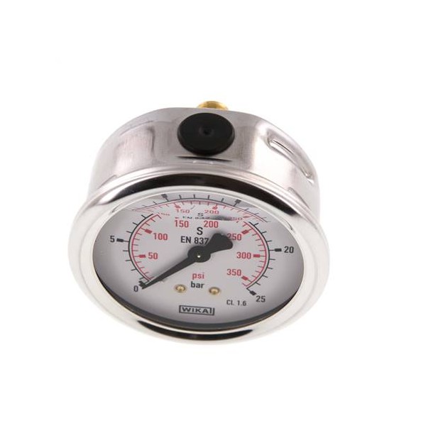 Manomètre WIKA 0 à 25 bar/psi Raccord arrière G1/4" 063mm inox/laiton + Glycérine