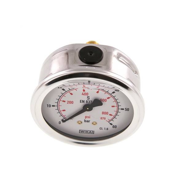Manomètre WIKA 0 à 60 bar/psi Raccord arrière G1/4" 063mm inox/laiton + Glycérine