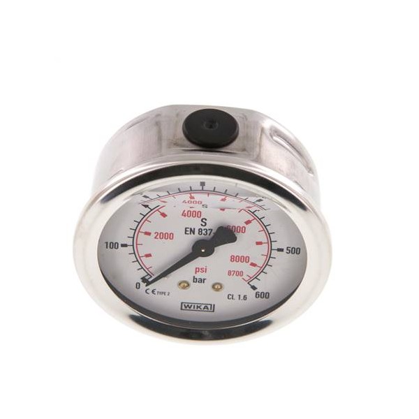 Manomètre WIKA 0 à 600 bar/psi Raccord arrière G1/4" 063mm inox/laiton + Glycérine
